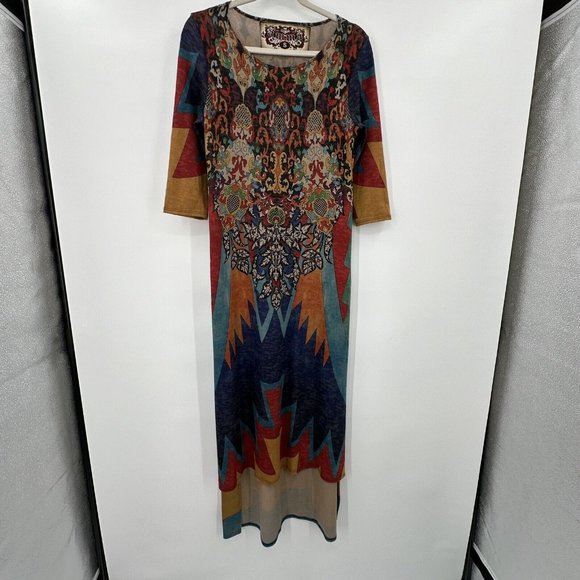Amma Design LA Art Wear Artsy Paisley Hi Lo Maxi Dress Side Splits Size Small - Picture 2 of 10